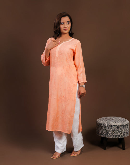 Urviya Chikankari Muslin Long Kurti - Bakhiya Gala Boota Peach