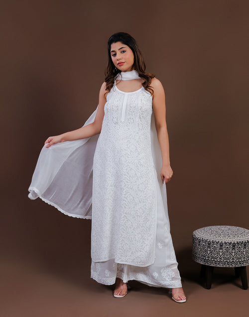 Urviya Chikankari Georgette 3 piece set - Long Spaghetti White