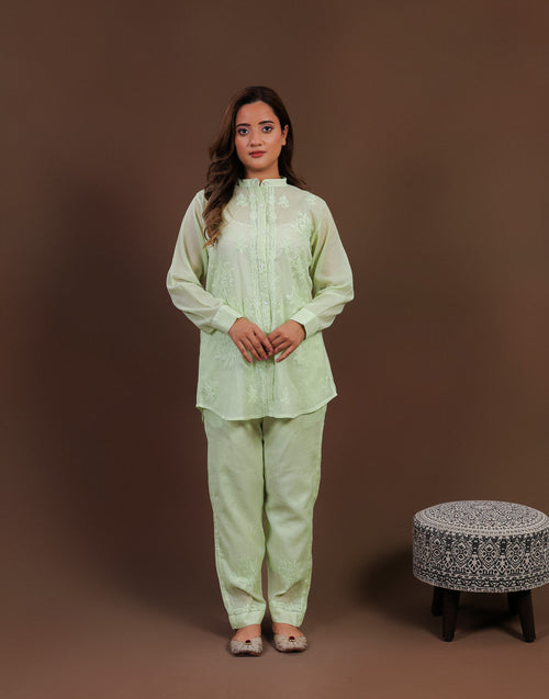 Urviya Chikankari Co-ord Set Maheshwari Cotton Light Green