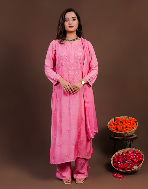 Urviya Chikankari Muslin 3 piece set - Bakhiya Ghaaspatti Work and Gala Boota Pink