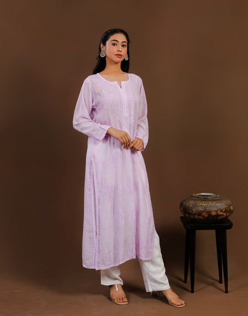 Urviya Chikankari Muslin Long Kurti - Ghaspatti Gala Bakhiya Boota Purple