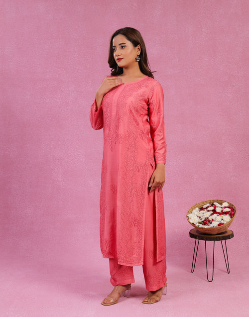 Urviya Chikankari Chanderi 2 piece Set Pink