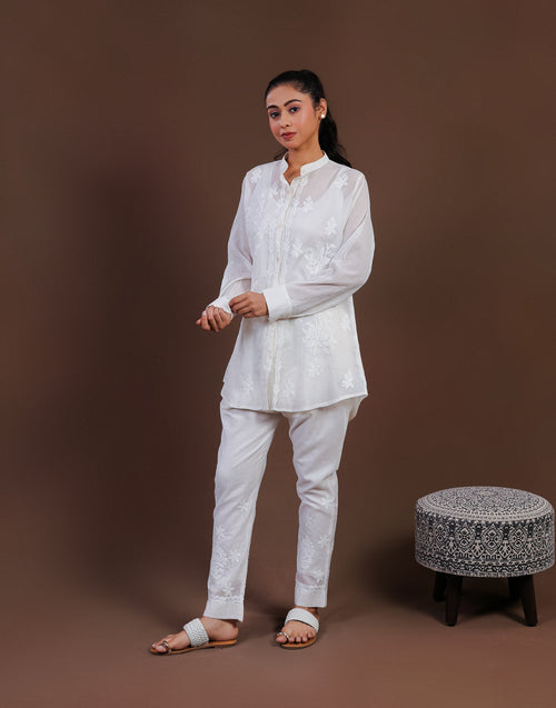 Urviya Chikankari Co-ord Set Maheshwari Cotton White