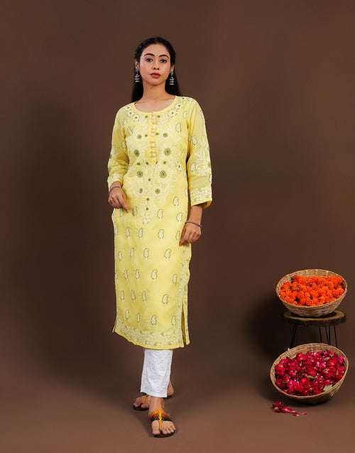 Urviya Chikankari Cotton Long Kurti Yellow - Coloured Thread
