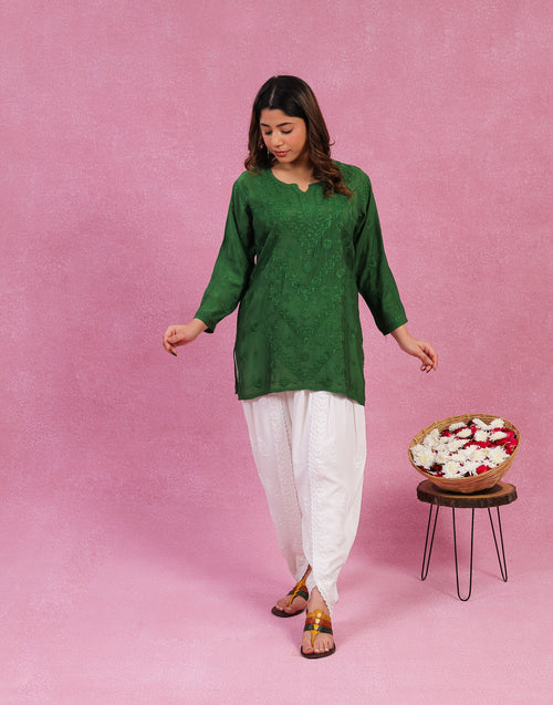 Urviya Chikankari Muslin Short Kurti – Daraj Work Dark Green