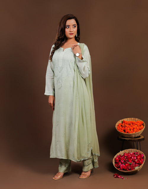 Urviya Chikankari Muslin 3 piece set - Bakhiya Ghaaspatti Work and Gala Boota Green