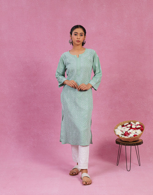 Urviya Chikankari Cotton Long Kurti Full Jaal Work Dark Green