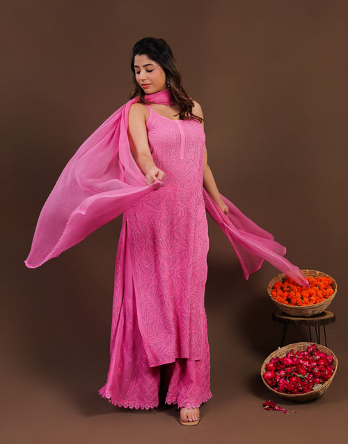 Urviya Chikankari Georgette 3 piece set - Long Spaghetti Pink