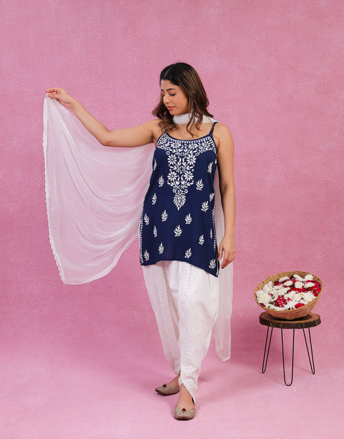 Urviya Chikankari Modal Short Kurti - Spaghetti Strap Top Dark Blue