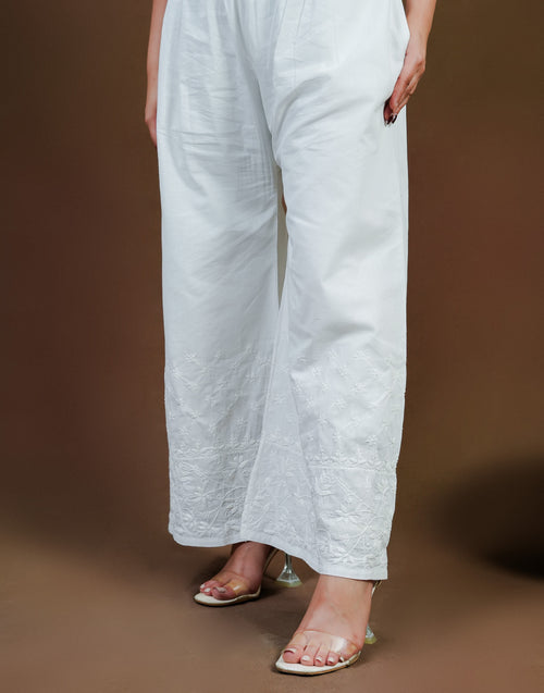 Urviya Chikankari Cotton Bottoms - Pallazo White