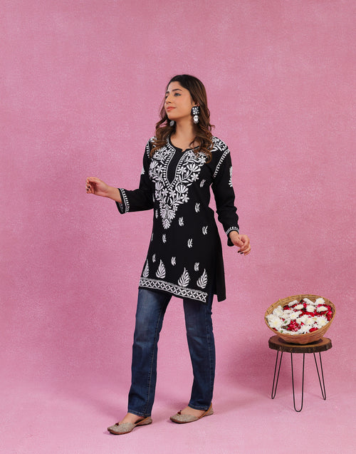 Urviya Chikankari Rayon Short Kurti Black