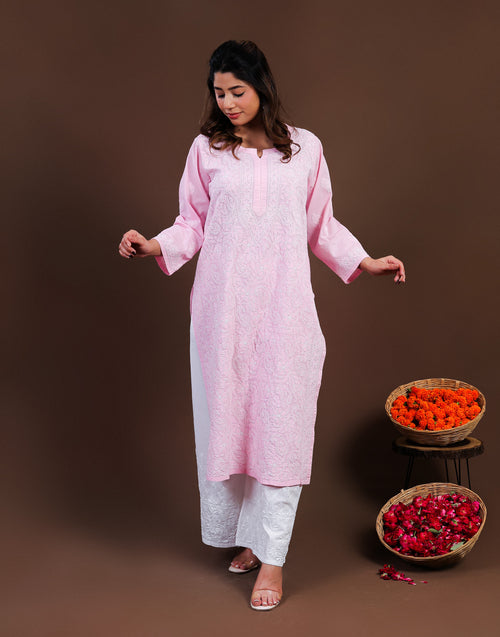 Urviya Chikankari Mul Cotton Long Kurti - Full Jaal Pink