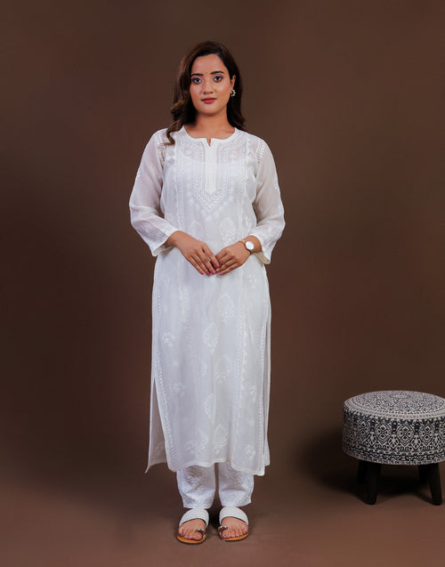 Urviya Chikankari Mul Chanderi Long Kurti – Straight Cut with Jaali Boota White