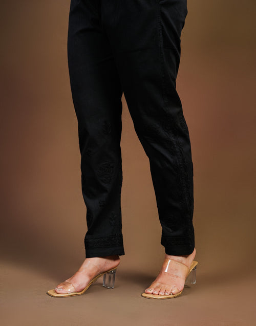 Urviya Chikankari Cotton Cigarette Black Pant