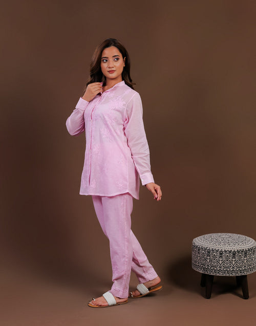 Urviya Chikankari Co-ord Set Maheshwari Cotton Baby Pink