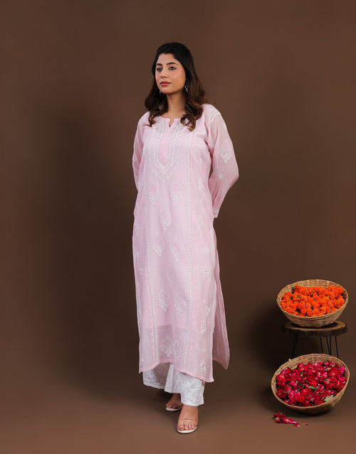 Urviya Chikankari Mul Chanderi Long Kurti – Straight Cut with Jaali Boota Pink