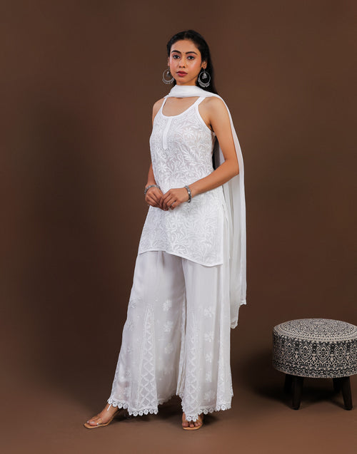 Urviya Chikankari Georgette 3 piece - Spaghetti Top, Sharara, Dupatta - Set