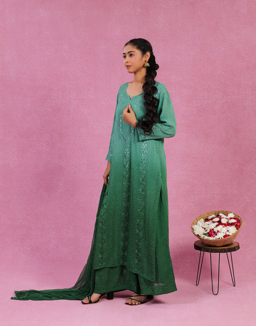 Urviya Chikankari Georgette 3 Piece set with Mukaish Work Green