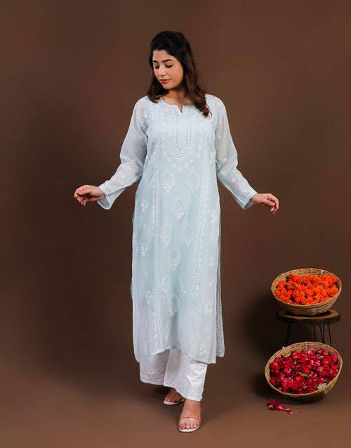 Urviya Chikankari Mul Chanderi Long Kurti – Straight Cut with Jaali Boota Light Blue