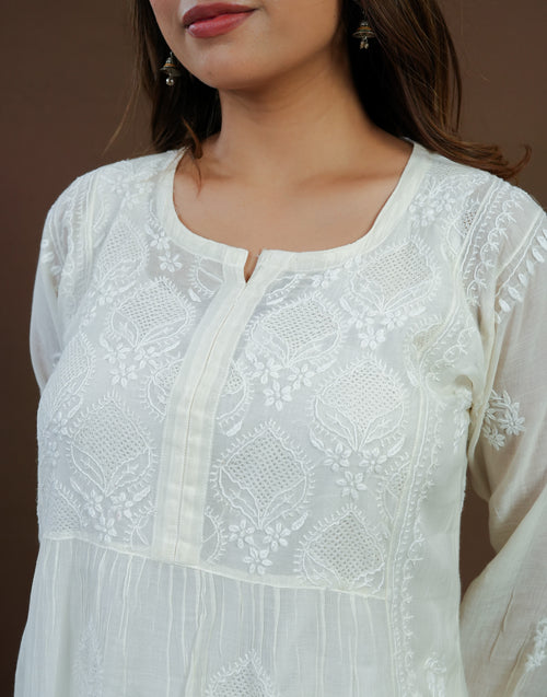 Urviya Chikankari Mul Chanderi Long Kurti – Nyra Cut with Jaali Boota White