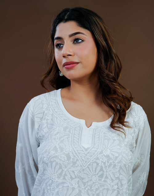 Urviya Chikankari Muslin Short Kurti - Silk Thread Full Jaal Work White