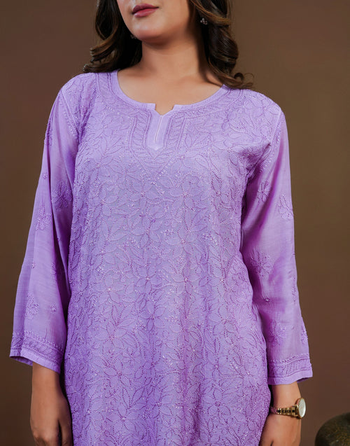 Urviya Chikankari Muslin Short Kurti - Silk Thread Full Jaal Work Purple