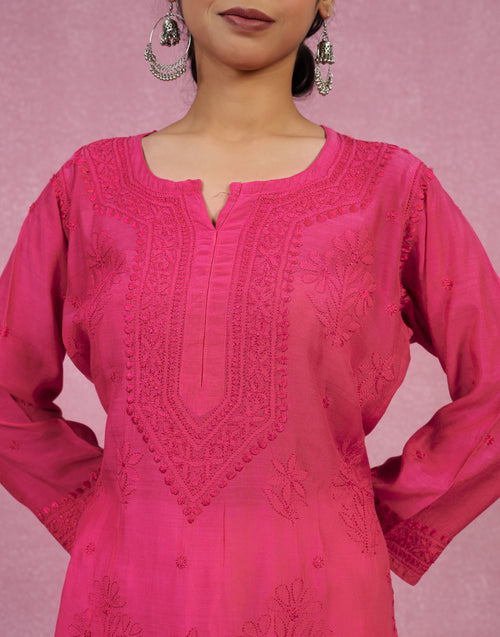 Urviya Chikankari Muslin Long Kurti - Ghaspatti Gala Bakhiya Boota Hot Pink