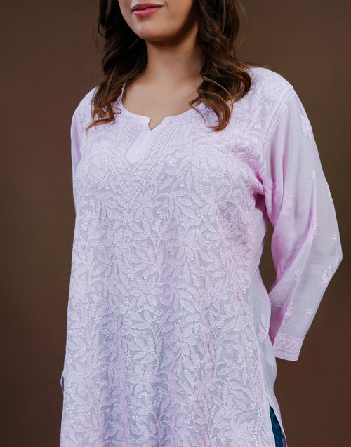 Urviya Chikankari Muslin Short Kurti - Silk Thread Full Jaal Work Pink