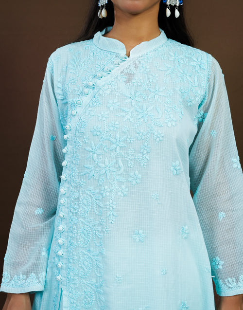 Urviya Chikankari Kota Doria Long Kurti - Side Button Blue