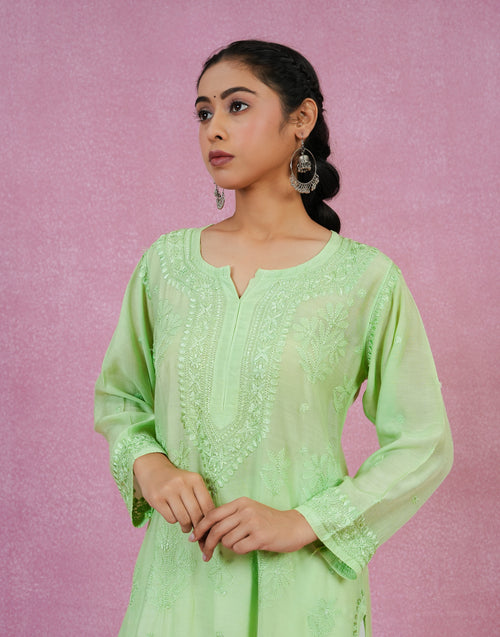 Urviya Chikankari Muslin Long Kurti - Ghaspatti Gala Bakhiya Boota Green