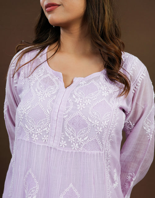 Urviya Chikankari Mul Chanderi Long Kurti – Nyra Cut with Jaali Boota Purple