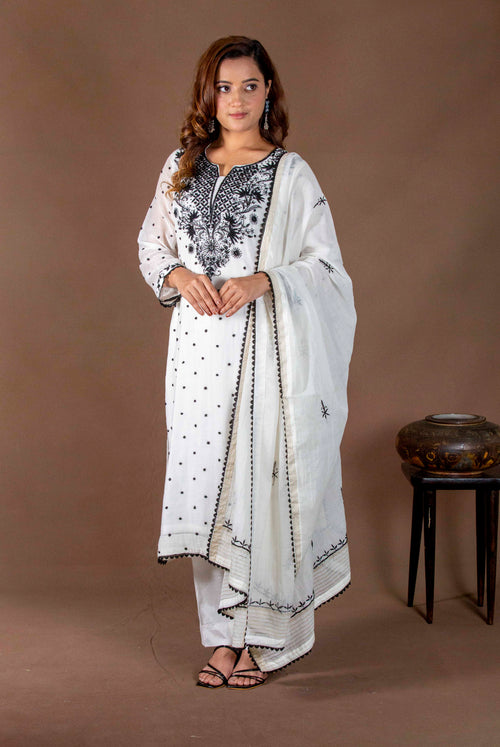 Urviya Chikankari Mul Chanderi White Black Pearl Gala Booti Black Thread Suit