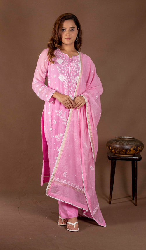 Urviya Chikankari Mul Chanderi Pink Cutdaana Pearl Work Galla Boota Suit