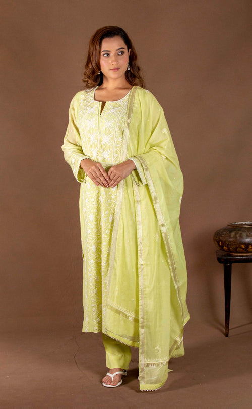 Urviya Chikankari Mul Chanderi Light Green Panel Cutdaana Pearl Work Suit