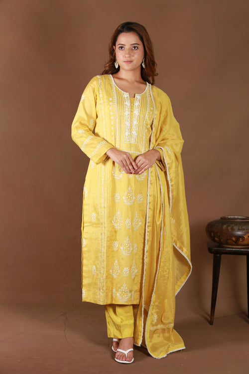 Urviya Chikankari Tissue Golden Cutdaana Pearl Work Galla Boota Daraj Suit