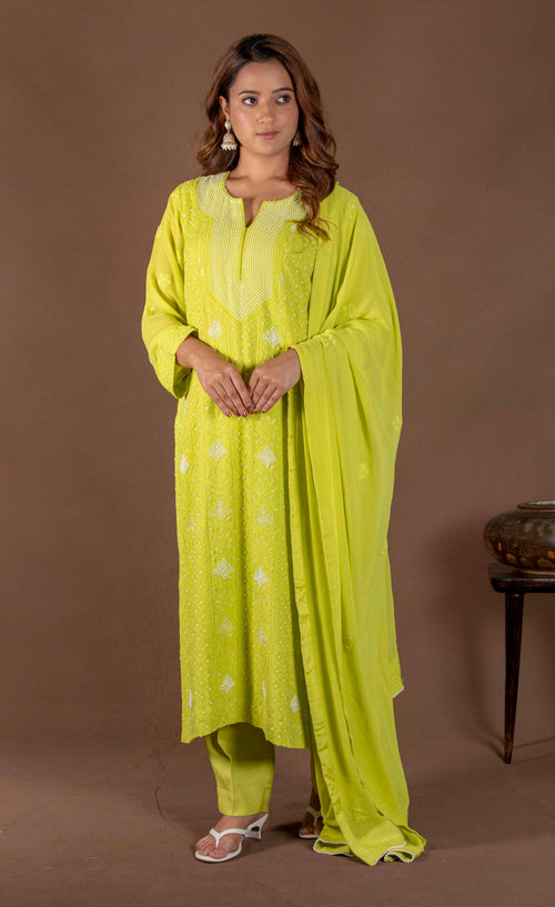 Urviya Chikankari Viscose Georgette Light Green Pearl Work Cutdaana Galla Boota Suit