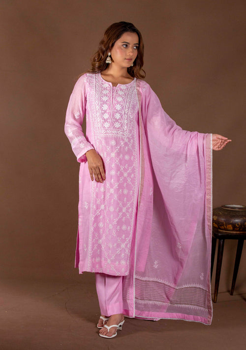 Urviya Chikankari Mul Chanderi Pink Pearl work and Cutdaana Suit