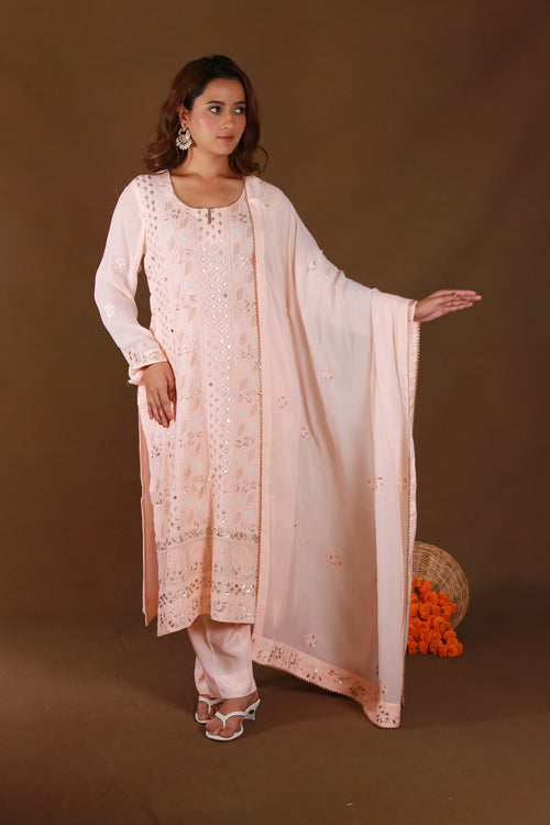 Urviya Chikankari Viscose Georgette Peach Gotta Patti Pearl Work Zari Work Stiched Suit