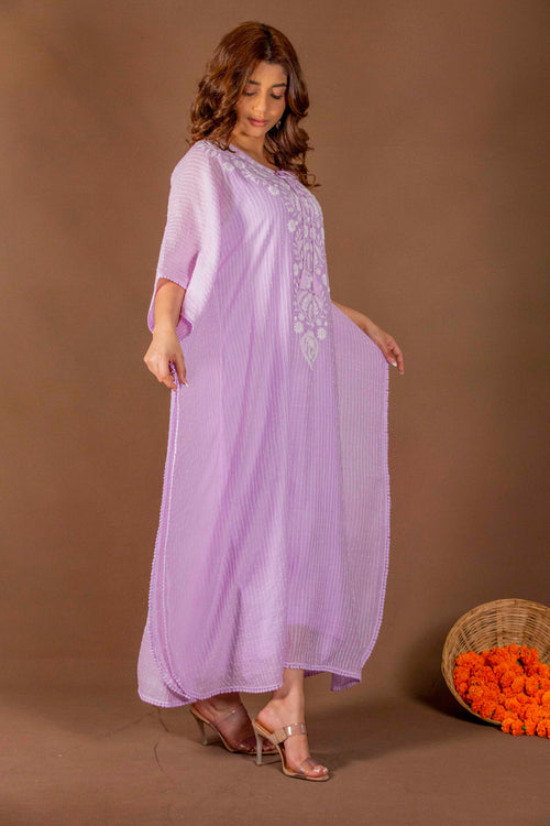 Urviya Chikankari Maheshwari Cotton Purple Cutdaana Peal Work Kaftaan