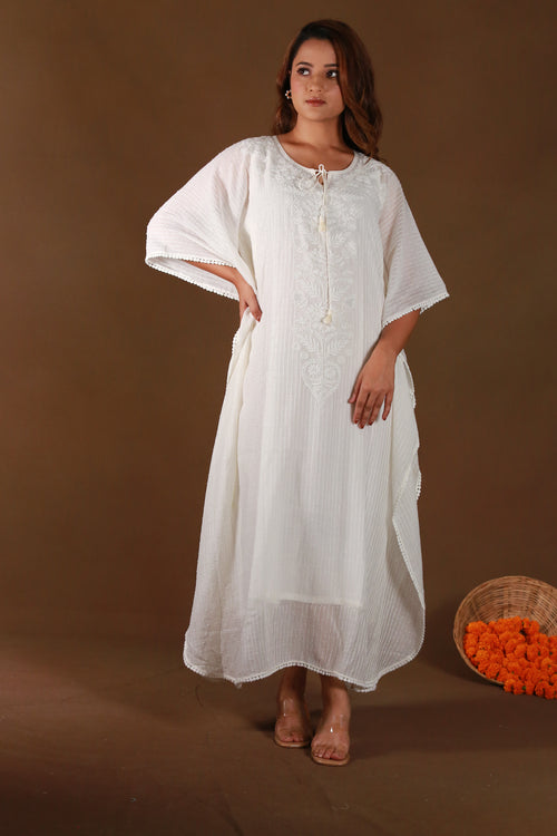 Urviya Chikankari Maheshwari Cotton White Pearl Work Cutdaana Kaftaan