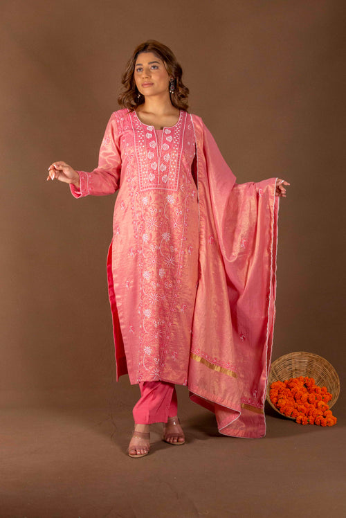 Urviya Chikankari Semi Tissue Cutdaana Pearl Work Panel Suit