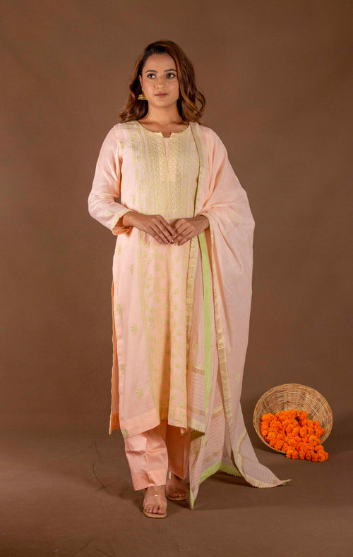 Urviya Chikankari Mul chanderi Peach Green Thread Panel Suit