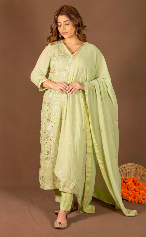 Urviya Chikankari Viscose Georgette Green Gotta Patti Bakhiya Zari Work Suit