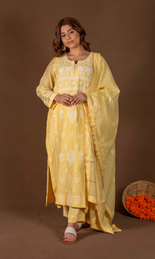 Urviya Chikankari Mul Chanderi Yellow Cutdaana Pearl Work Panel Boota Suit