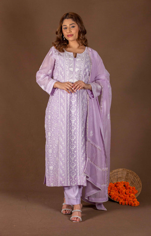 Urviya Chikankari Mul Chanderi Purple Panel Cutdaana Peal Work Suit