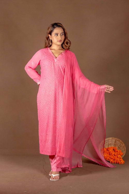 Urviya Chikankari Viscose Georgette Mukaish Full Jaal Suit Pink Suit