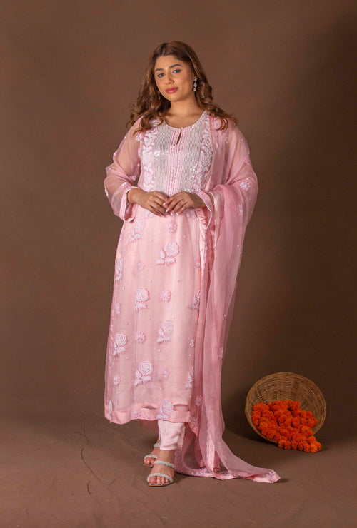 Urviya Chikankari Organza Pink Pearl Work Sequence Galla Boota Suit