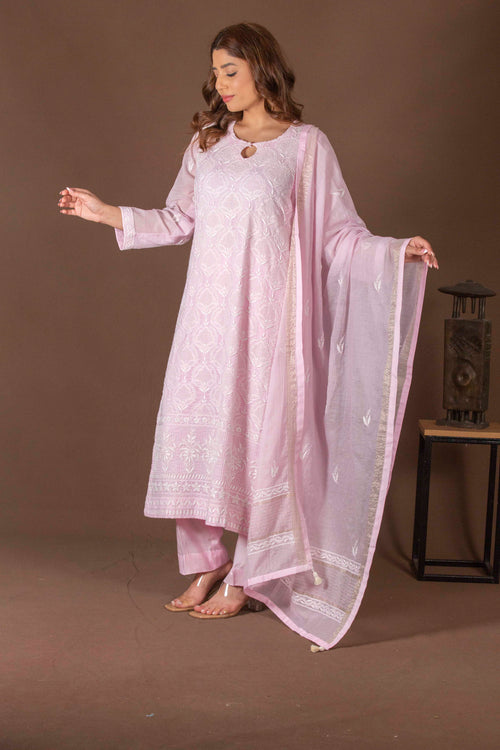 Urviya Chikankari Mul Chanderi Pink Pearl Work Full Jaal Suit