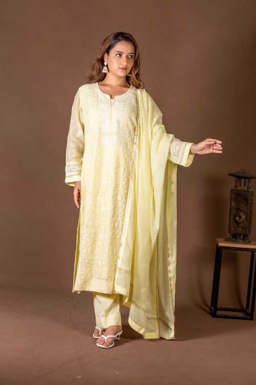 Urviya Chikankari Mul Chanderi Yellow Panel Pearl Work Suit