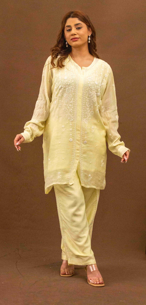 Urviya Chikankari Mul Chanderi Yellow Cutdaana Pearl Work Coord Set